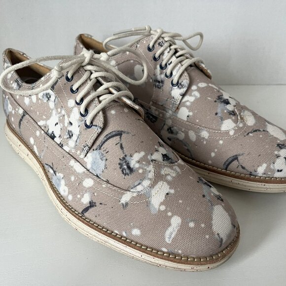 Cole Haan LunarGrand Long Wing Oxford–Grey Canvas Splatter Paint–Size 9.5 (Rare)